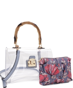 Bamboo Top Handle with Flower Pouch Clear Bag Set CR20412 BLUE